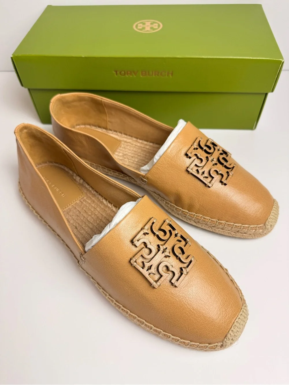 Tory Burch Cut-Out Logo Leather Espadrille Flats Ginger Shortbread US 11